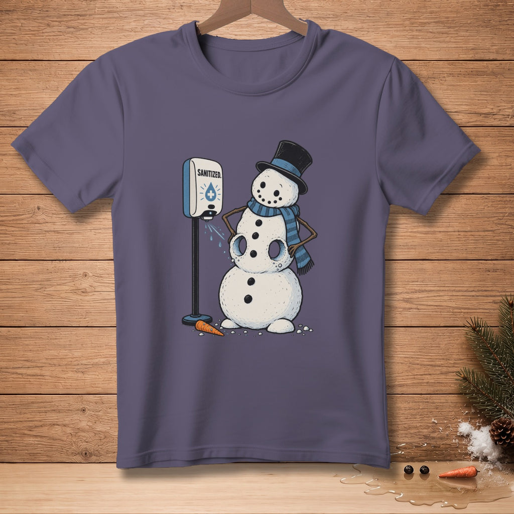 Snowman using a hand sanitizer dispenser with "SANITIZED" text.