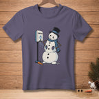 Snowman using a hand sanitizer dispenser with "SANITIZED" text.