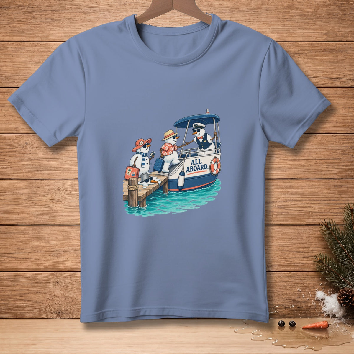 Snowmen with suitcases boarding a boat with "ALL ABOARD" text.