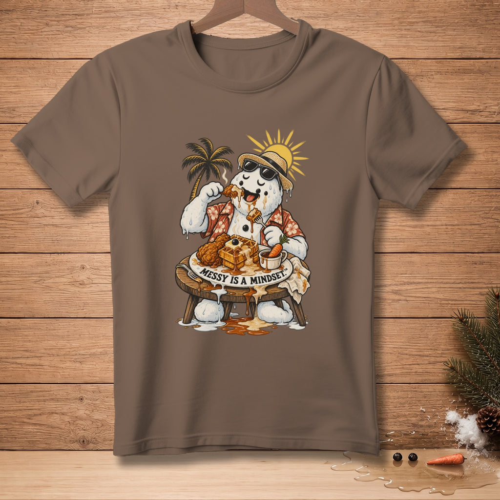 Snowman wearing sunglasses and a Hawaiian shirt eats fried chicken and waffles, text reads "Messy is a mindset."