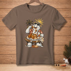Snowman wearing sunglasses and a Hawaiian shirt eats fried chicken and waffles, text reads "Messy is a mindset."
