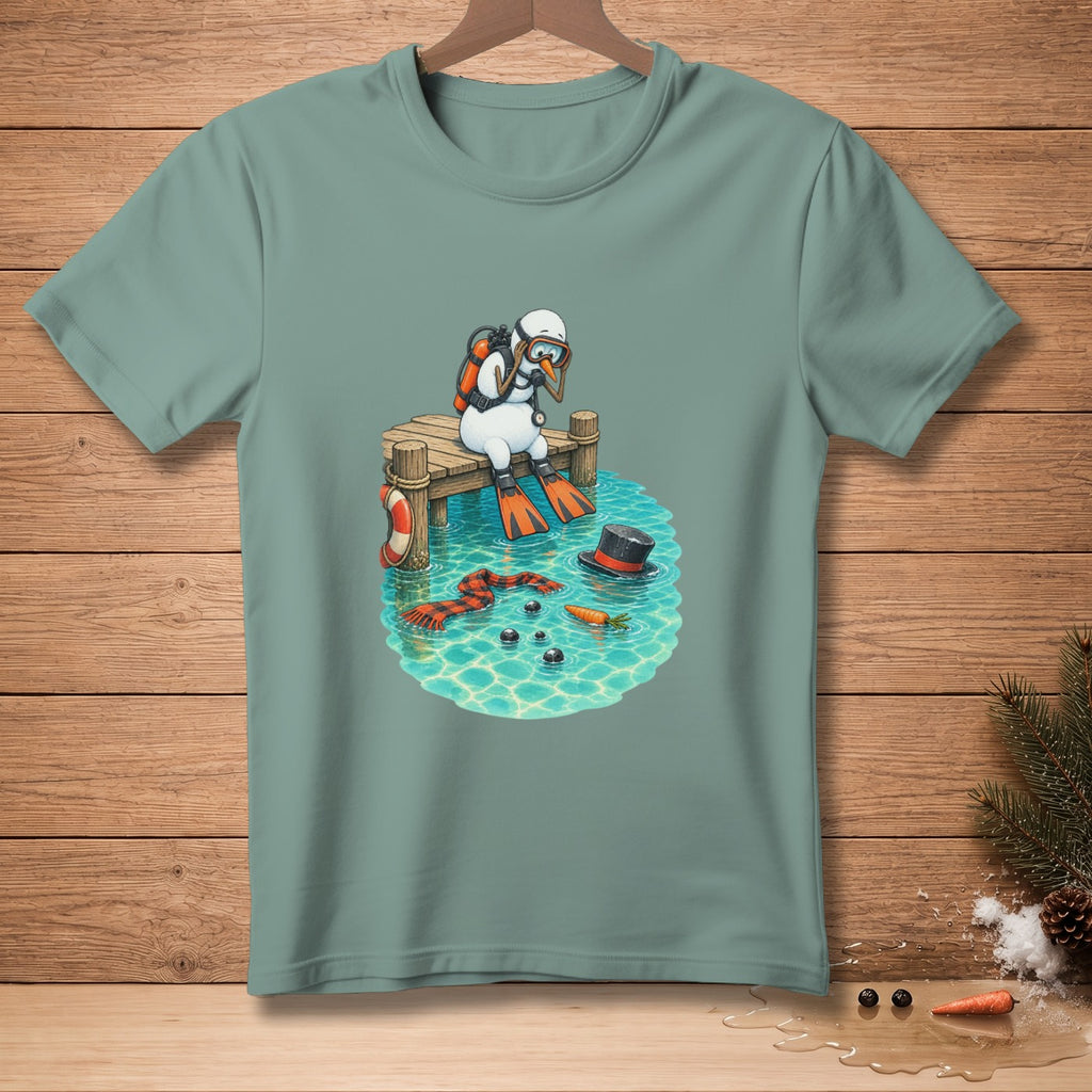 Diver snowman sits on a dock with flippers and snorkel gear.