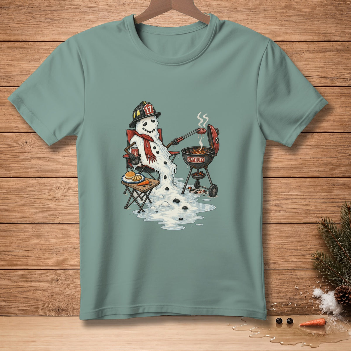 Snowman in firefighter helmet grilling burgers, wearing scarf, "Off Duty" text on grill.