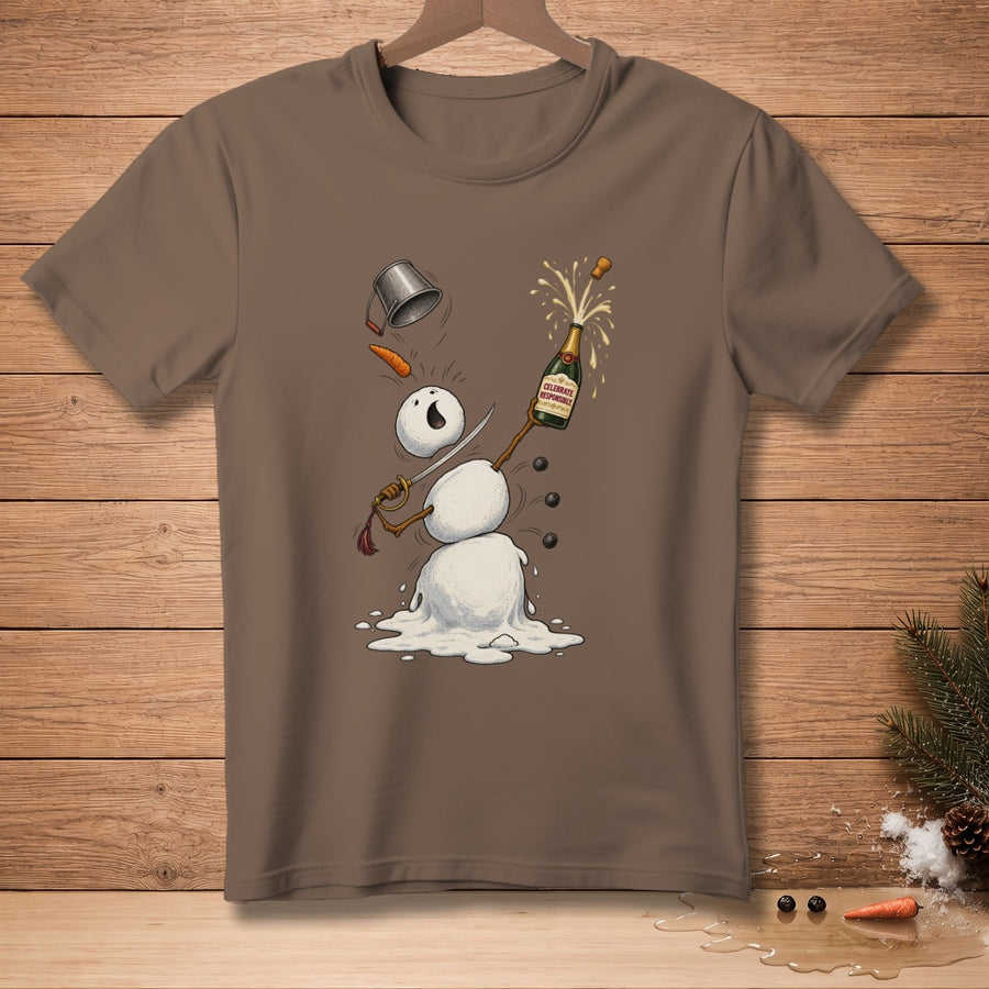 Brown t-shirt with a melting snowman holding a champagne bottle with "CELEBRATE RESPONSIBLY" label.
