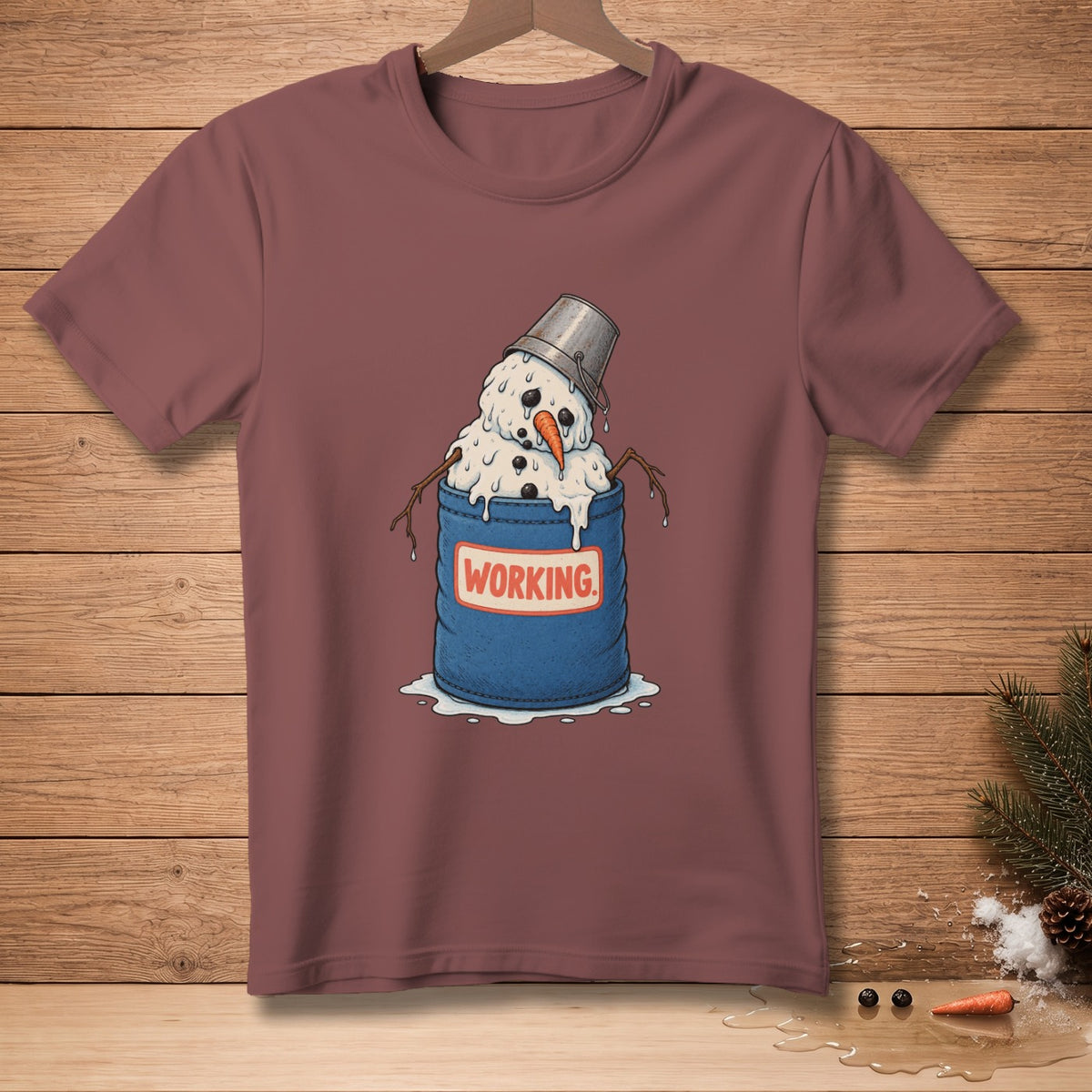Melting snowman in bucket with "WORKING." text.
