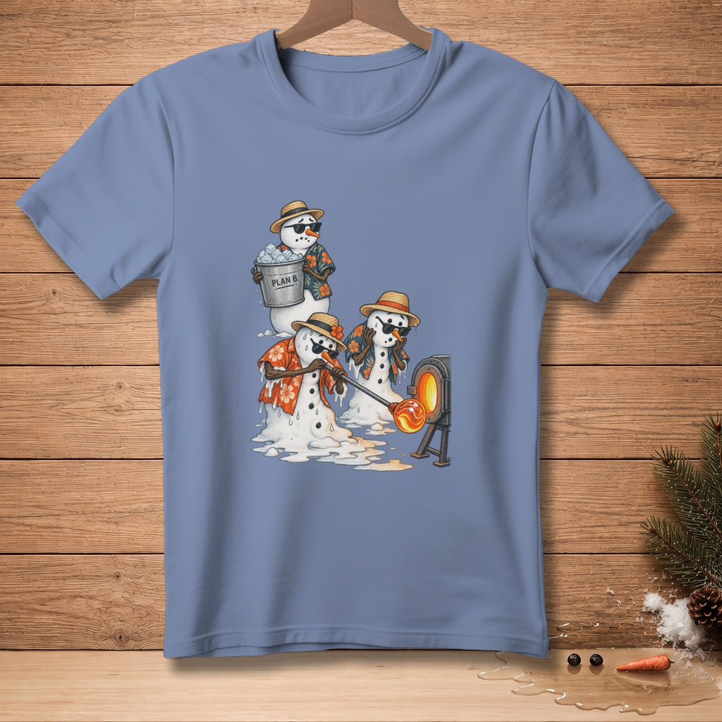 Snowmen in Hawaiian shirts melting while glassblowing at an oven.