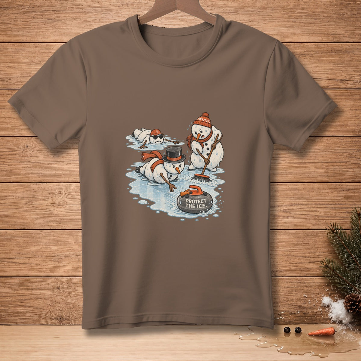 Snowmen playing curling with a stone that says "Protect the Ice".