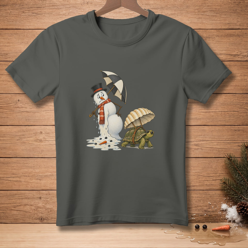 Melting snowman with umbrella and turtle with shell umbrella on a dark grey t-shirt.