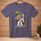 Snowman eating a large burrito with "COMMITTED" text, palm tree, and sun.