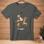 Snowman on a melting carousel horse with a carrot and text "One More Ride".