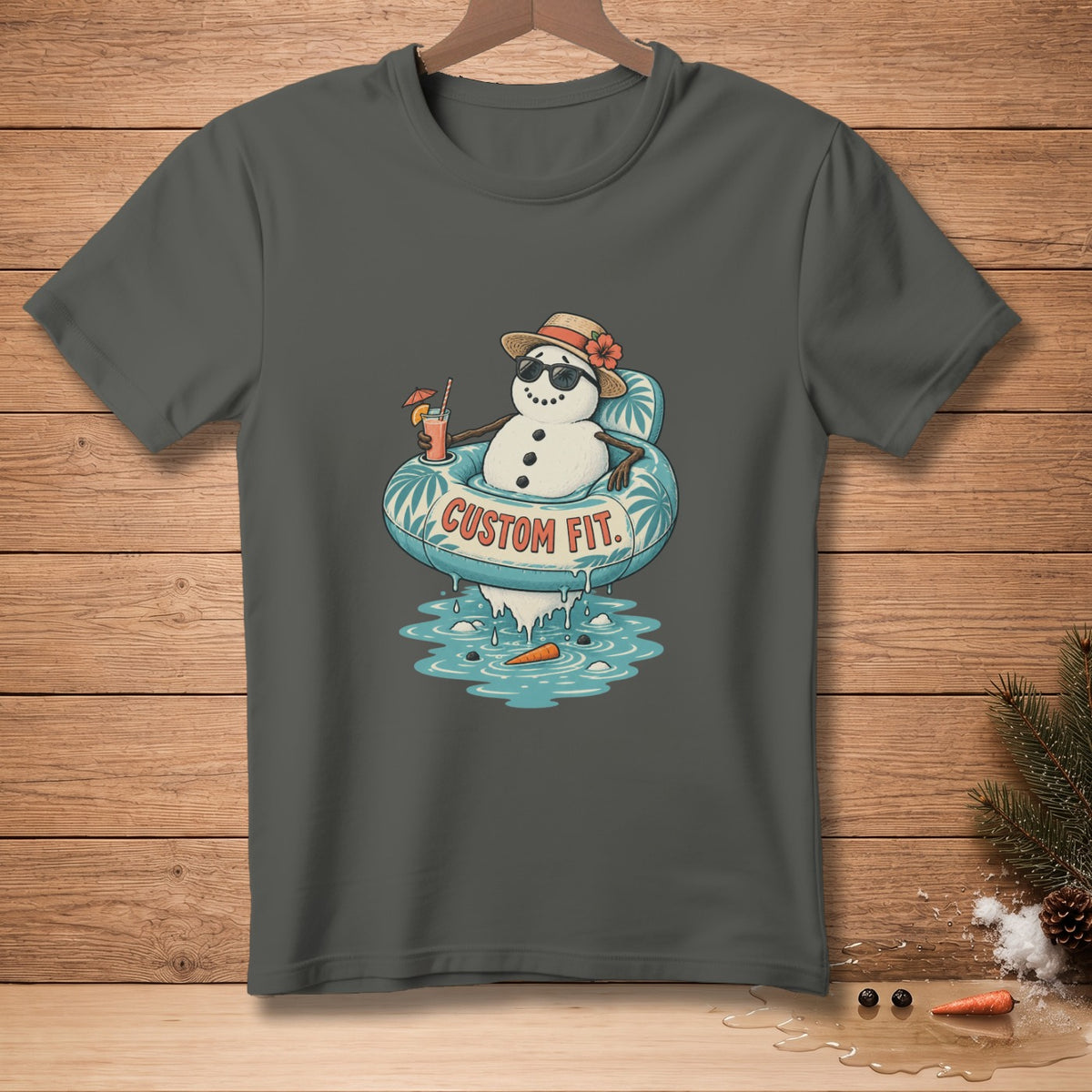 Snowman in inner tube with drink and sunglasses, "CUSTOM FIT" text.