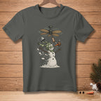 Snowman with scarf being blown by a ceiling fan, holding a bucket and a carrot.