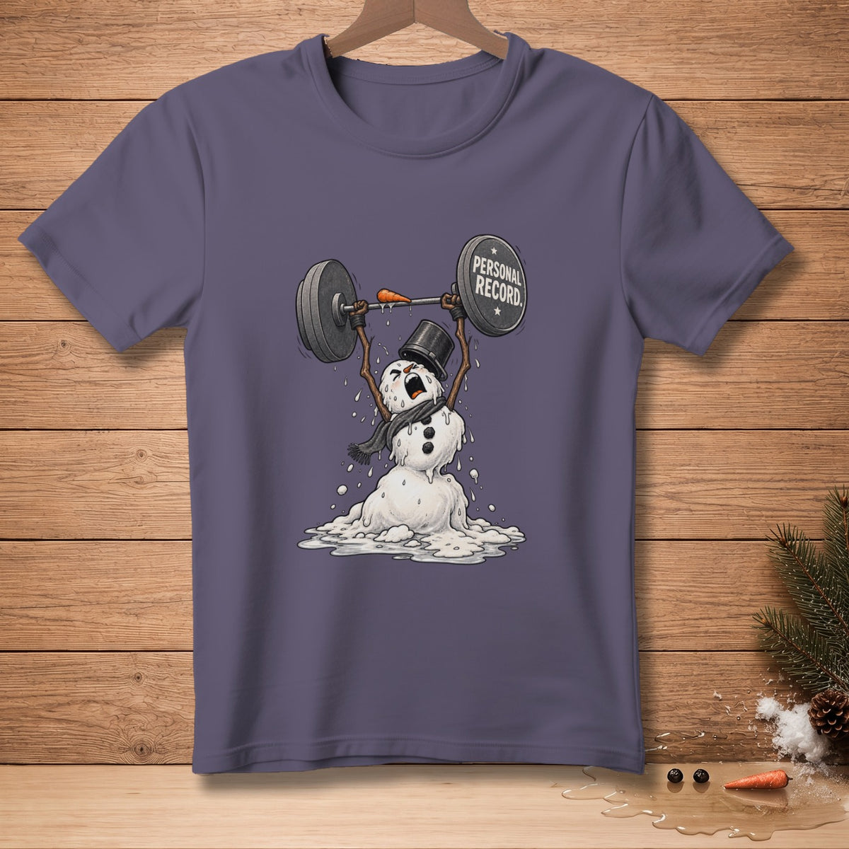 Melting snowman lifting weights with "Personal Record" text on barbell weight.