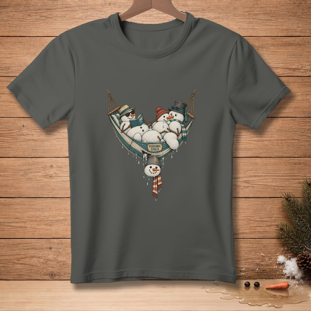 Snowmen relaxing in a hammock with "Personal Space" text on a gray t-shirt.