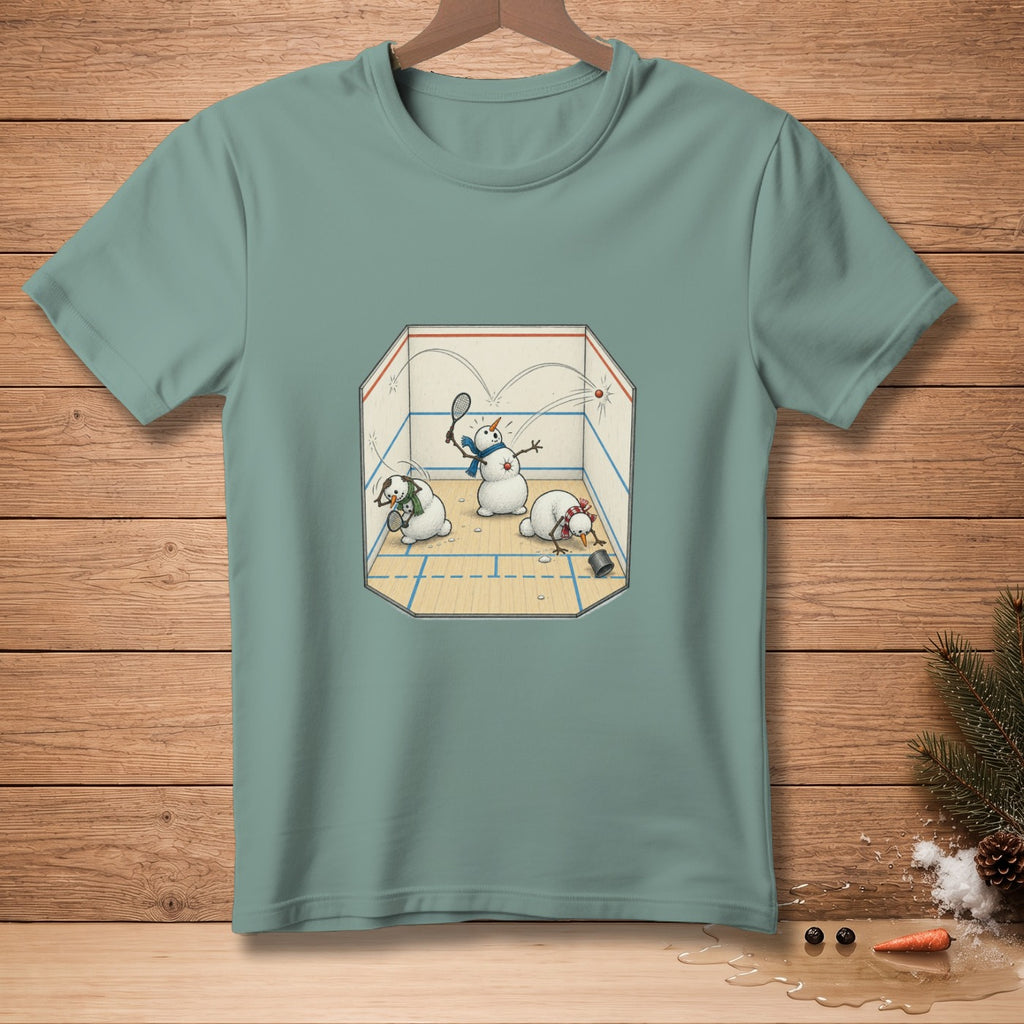 Snowmen play squash in a court, one hitting a ball, another on the ground.