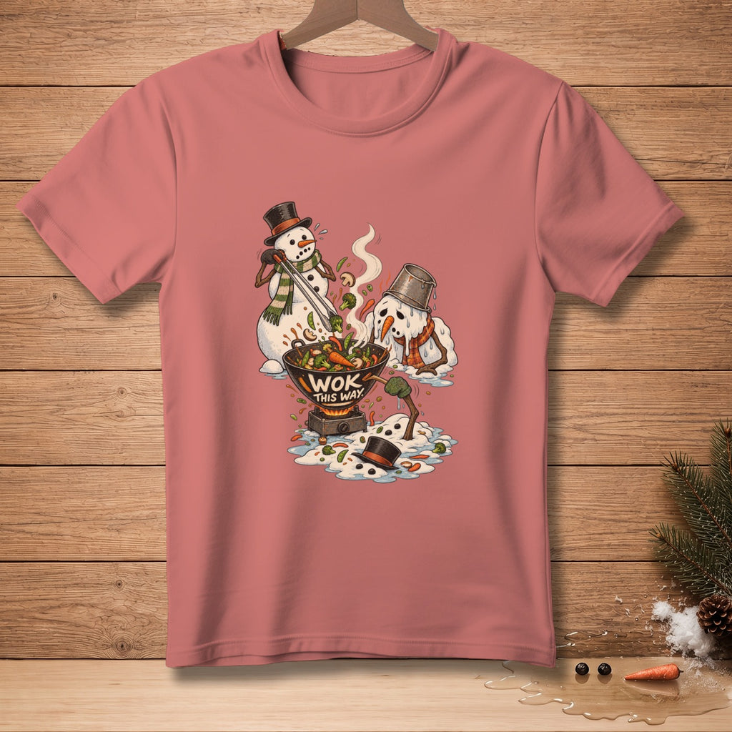 Two snowmen cook vegetables in a wok with "Wok This Way" text.