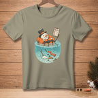 Snowman in life vest in water, holding a "No Melting" sign.