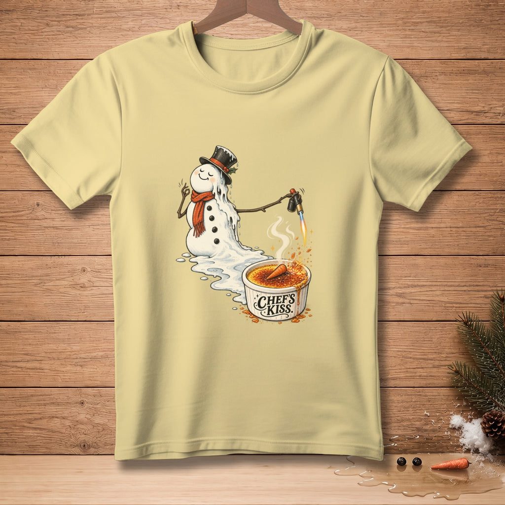 Melting snowman using a torch on creme brulee with "Chef's Kiss" text.
