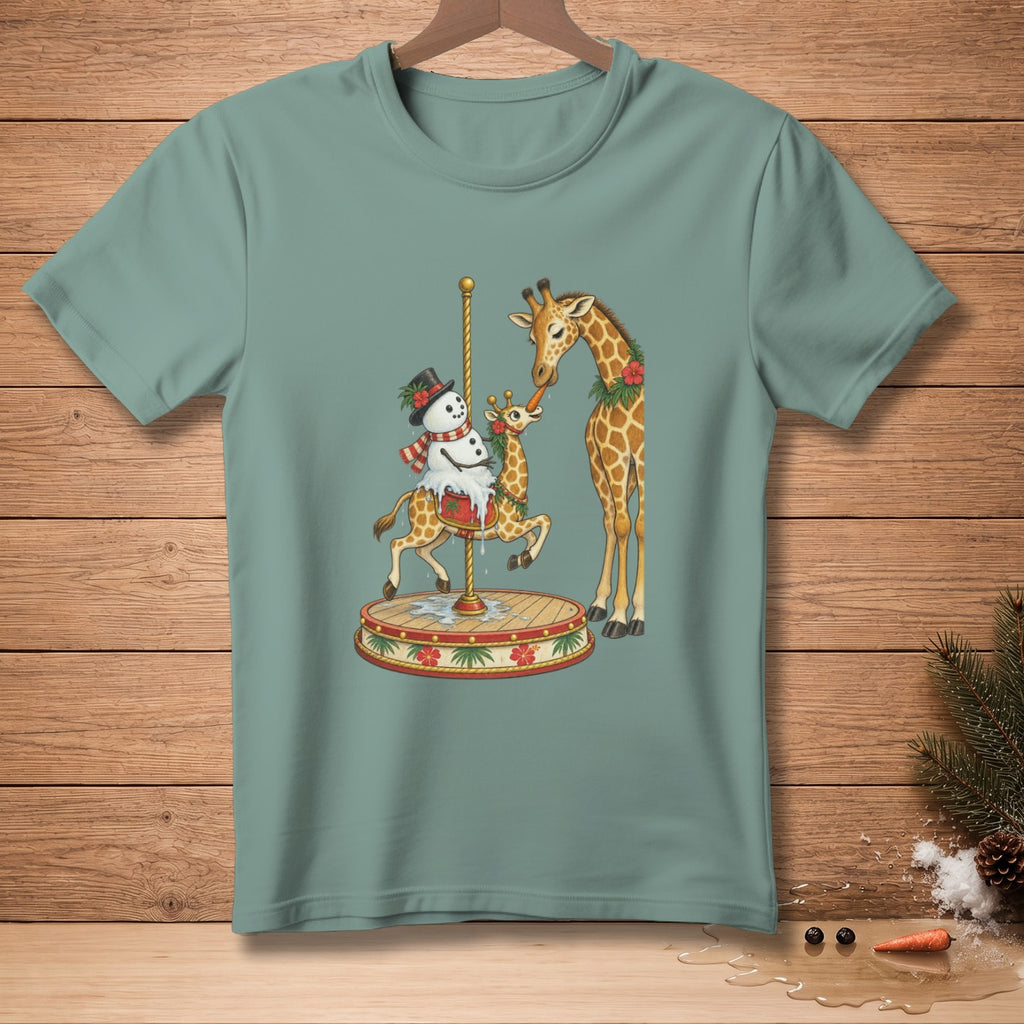 Giraffe mother and baby with snowman on carousel, feeding carrot.
