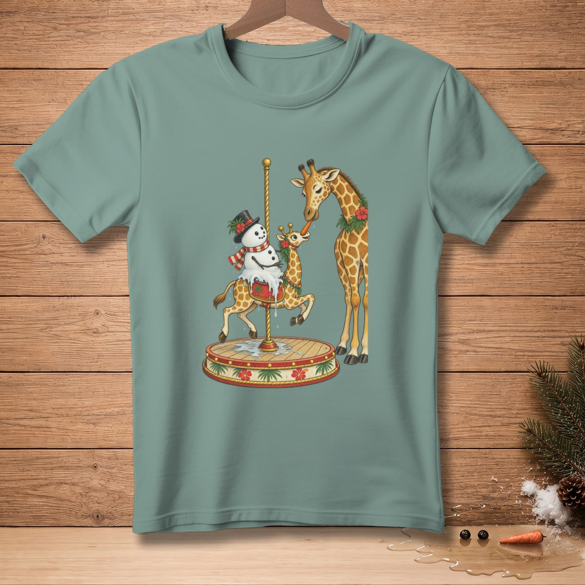 Giraffe mother and baby with snowman on carousel, feeding carrot.