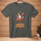 Gray t-shirt featuring a snowman on a flamingo carousel with text "MADE FOR THIS".