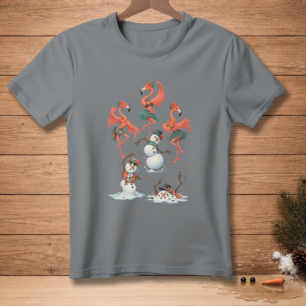Gray t-shirt with snowmen and flamingos wearing Hawaiian attire.