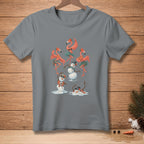 Gray t-shirt with snowmen and flamingos wearing Hawaiian attire.