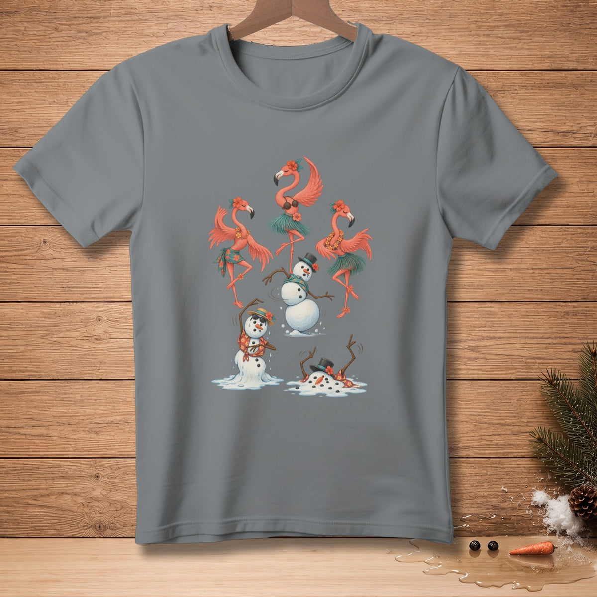 Gray t-shirt with snowmen and flamingos wearing Hawaiian attire.