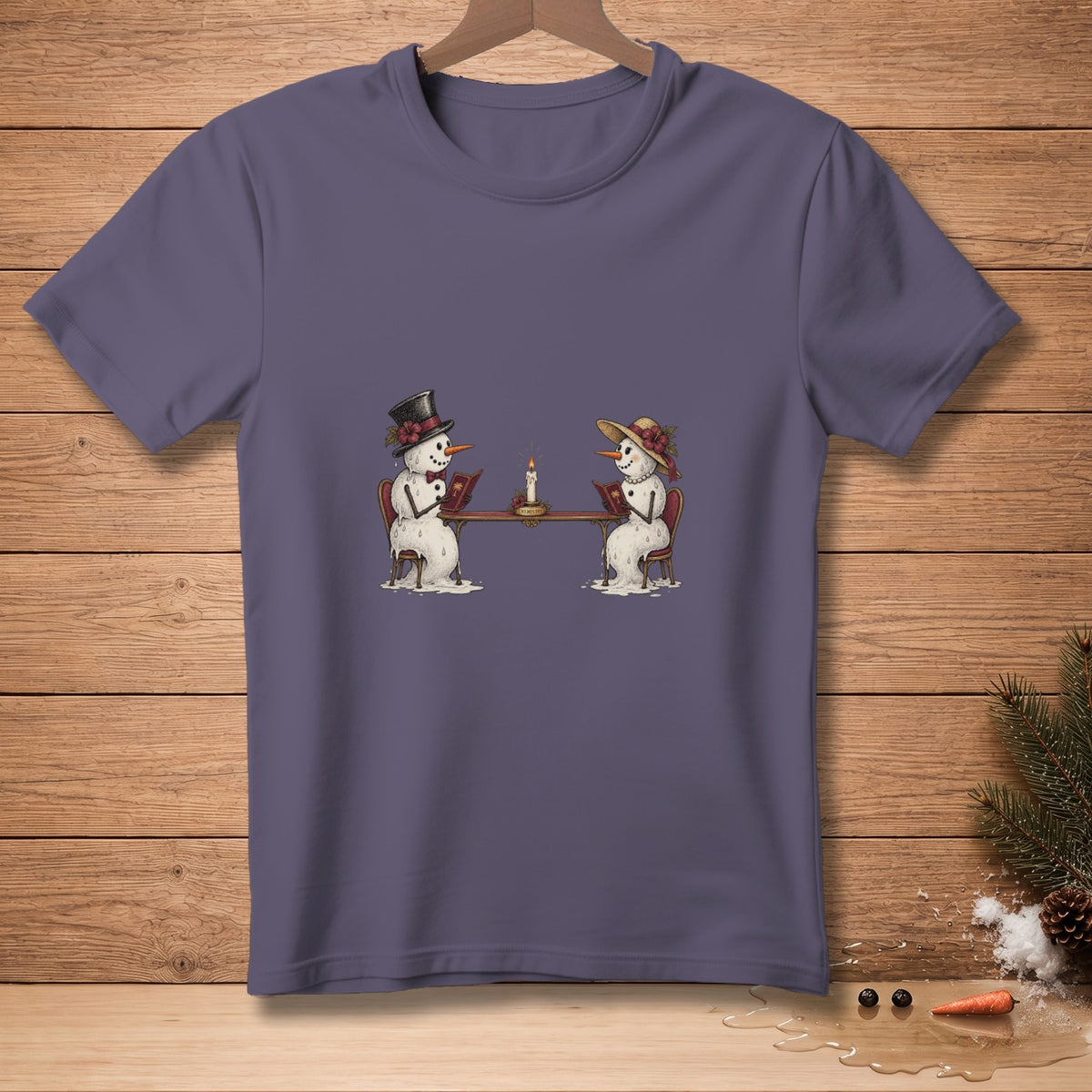 Two snowmen in formal attire read books by candlelight at a table.
