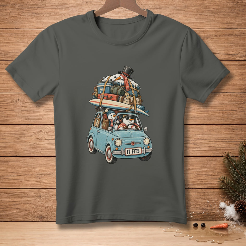 Light blue car with snowmen and luggage, reads "IT FITS."