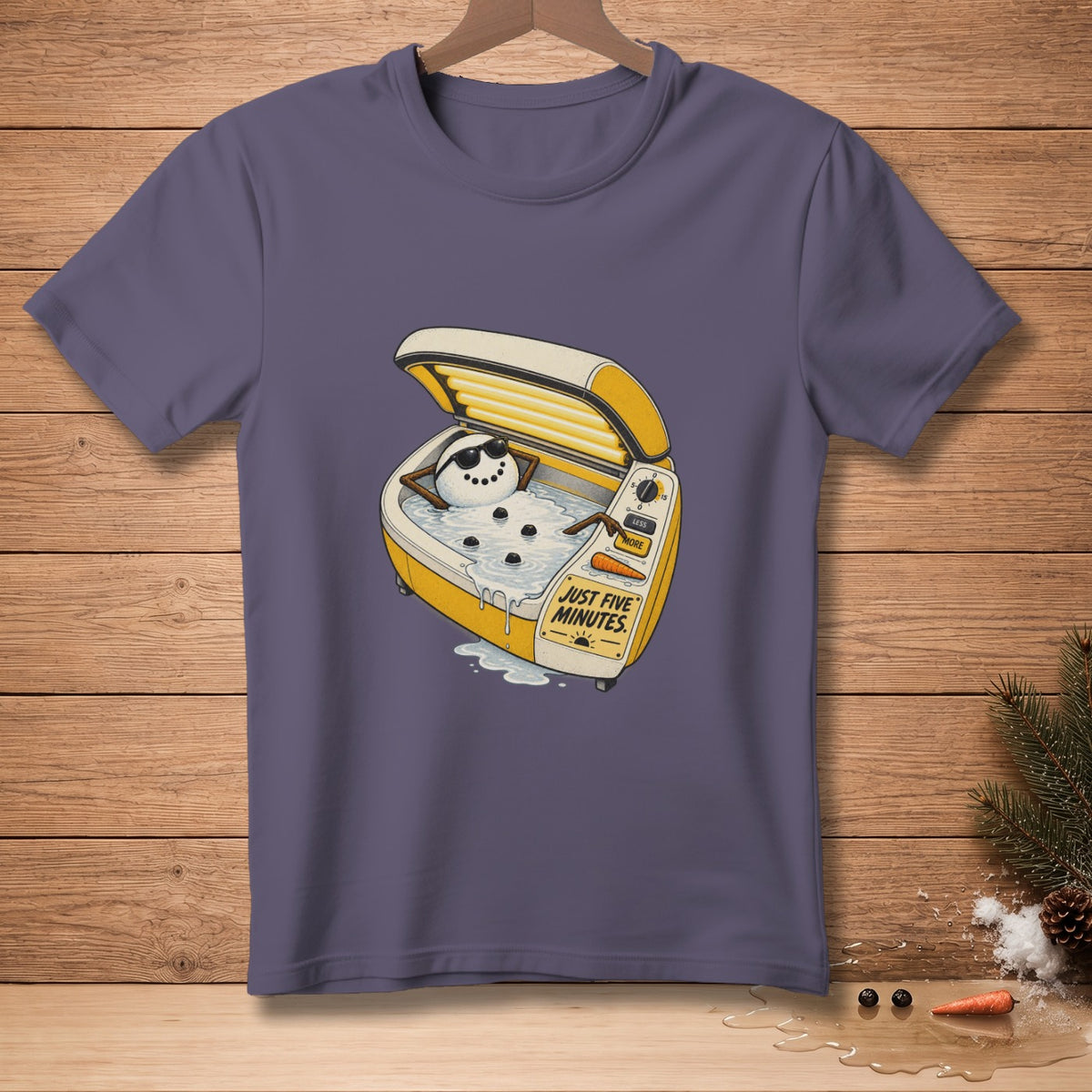 Snowman in tanning bed with sunglasses and text "JUST FIVE MINUTES."
