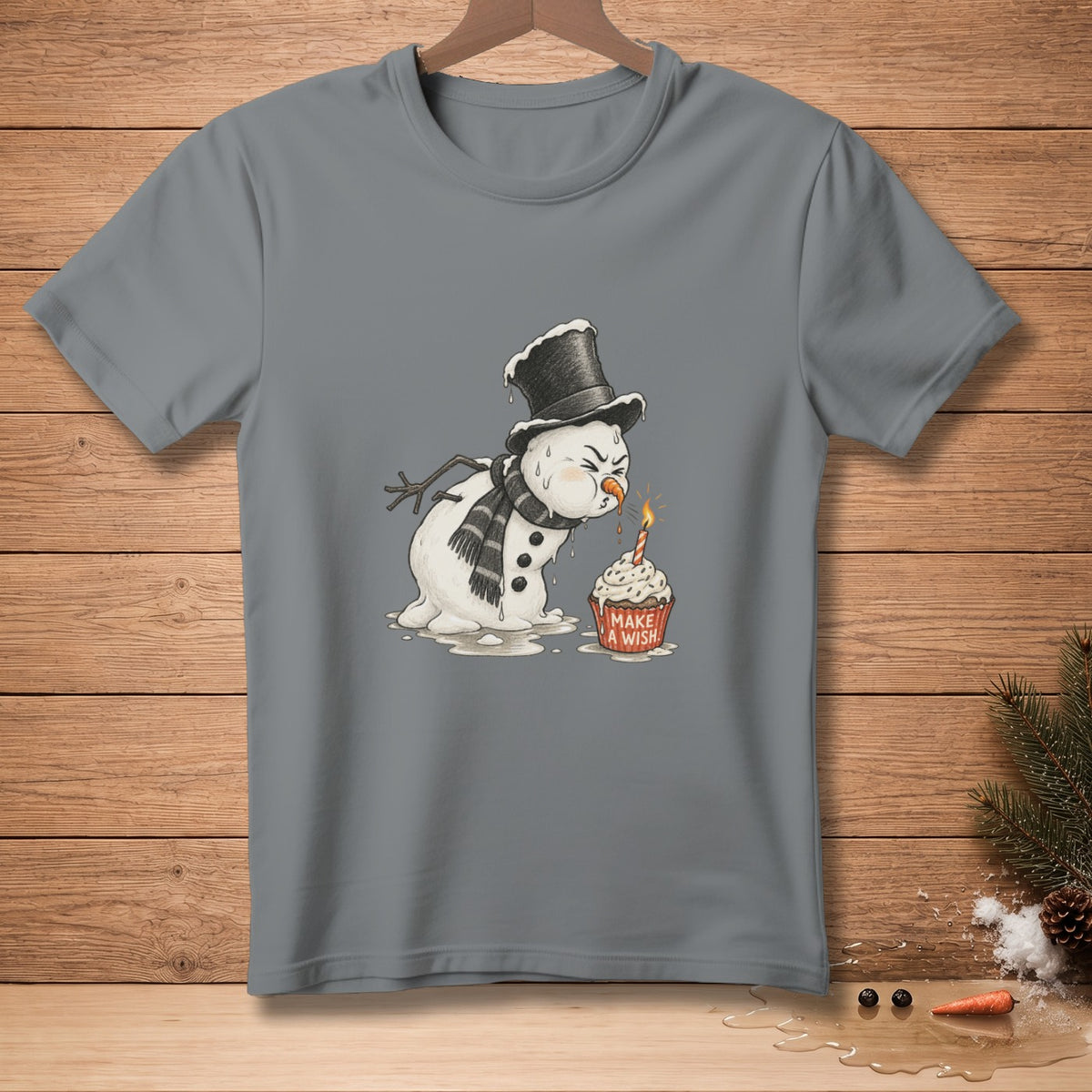 Melting snowman wearing a top hat and scarf, blowing out a cupcake candle.
