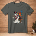 Snowman holding magic wand and parrot on magician's hat with "TA-DA" text.