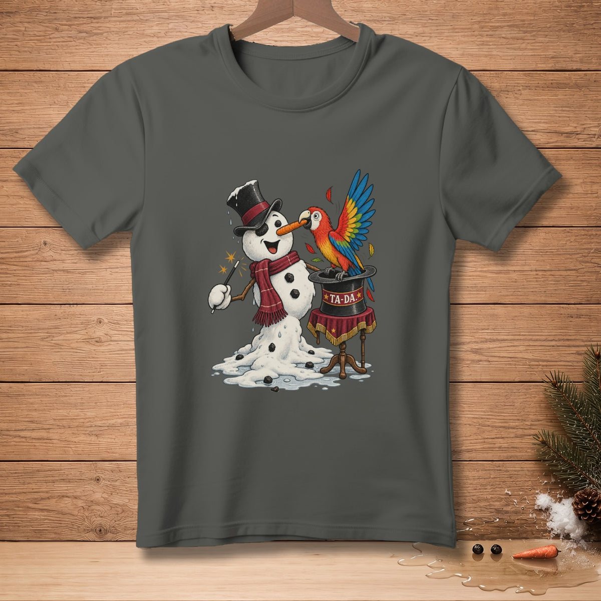 Snowman holding magic wand and parrot on magician's hat with "TA-DA" text.