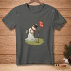Melting snowman playing golf with "Par is Par" flag.