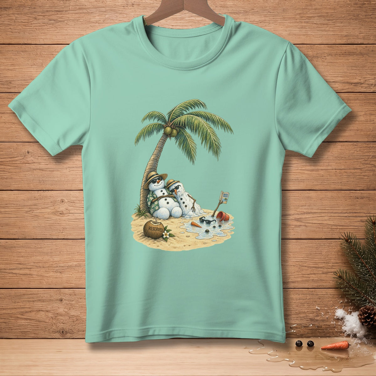 Two melting snowmen under a palm tree on a beach with a "Reserved" coconut.