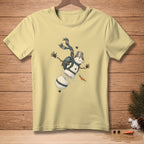 Light yellow t-shirt with a graphic of a snowman falling apart.