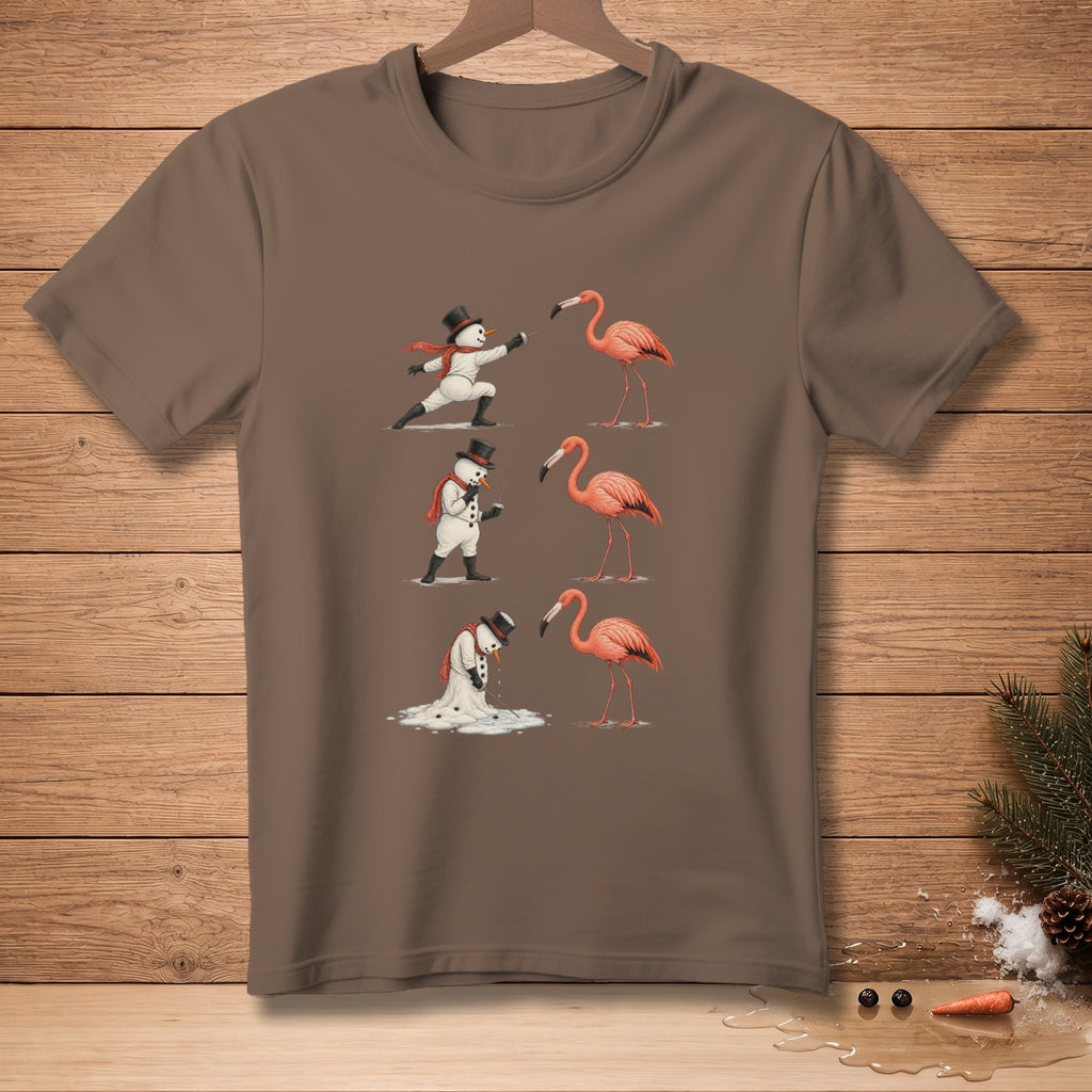 Snowmen in martial arts poses with flamingos on a brown t-shirt.