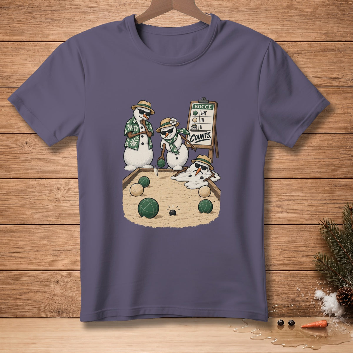 Snowmen playing bocce ball with score board reading "Bocce Counts".