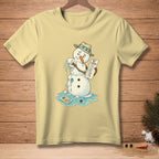 Melting snowman in a hat, holding paper that says "Wait 30 seconds".