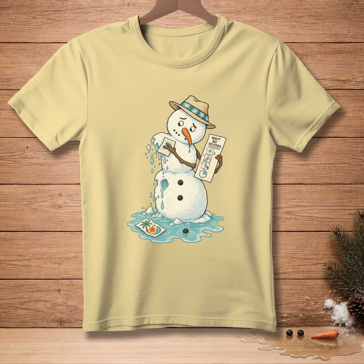 Melting snowman in a hat, holding paper that says "Wait 30 seconds".