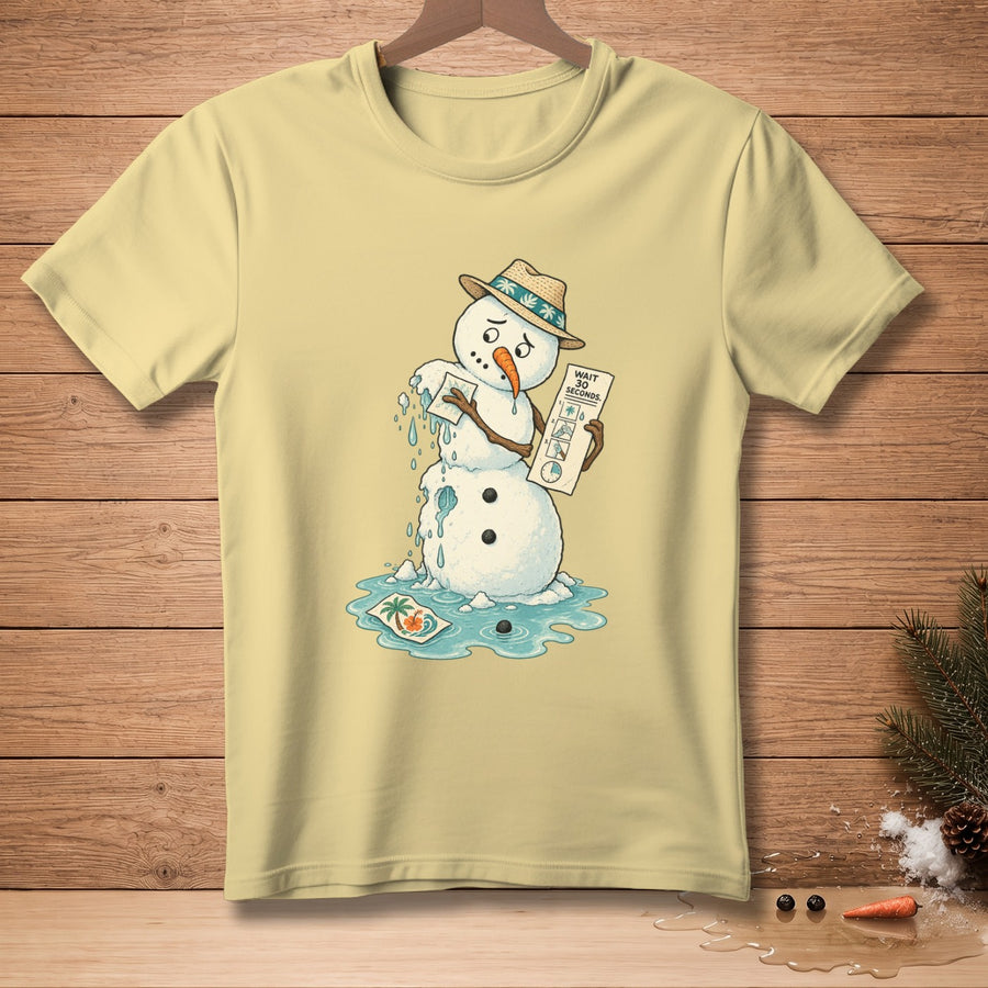 Melting snowman in a hat, holding paper that says "Wait 30 seconds".