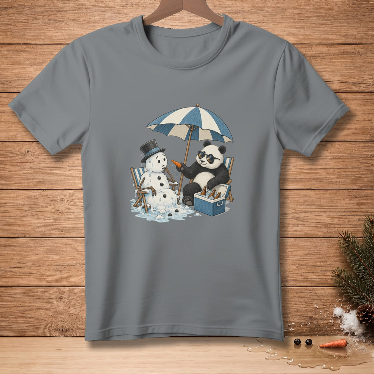 Panda with sunglasses and melting snowman under umbrella on beach chairs.