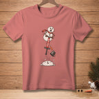 Snowman on pogo stick with "BOING!" text, falling onto snow pile.
