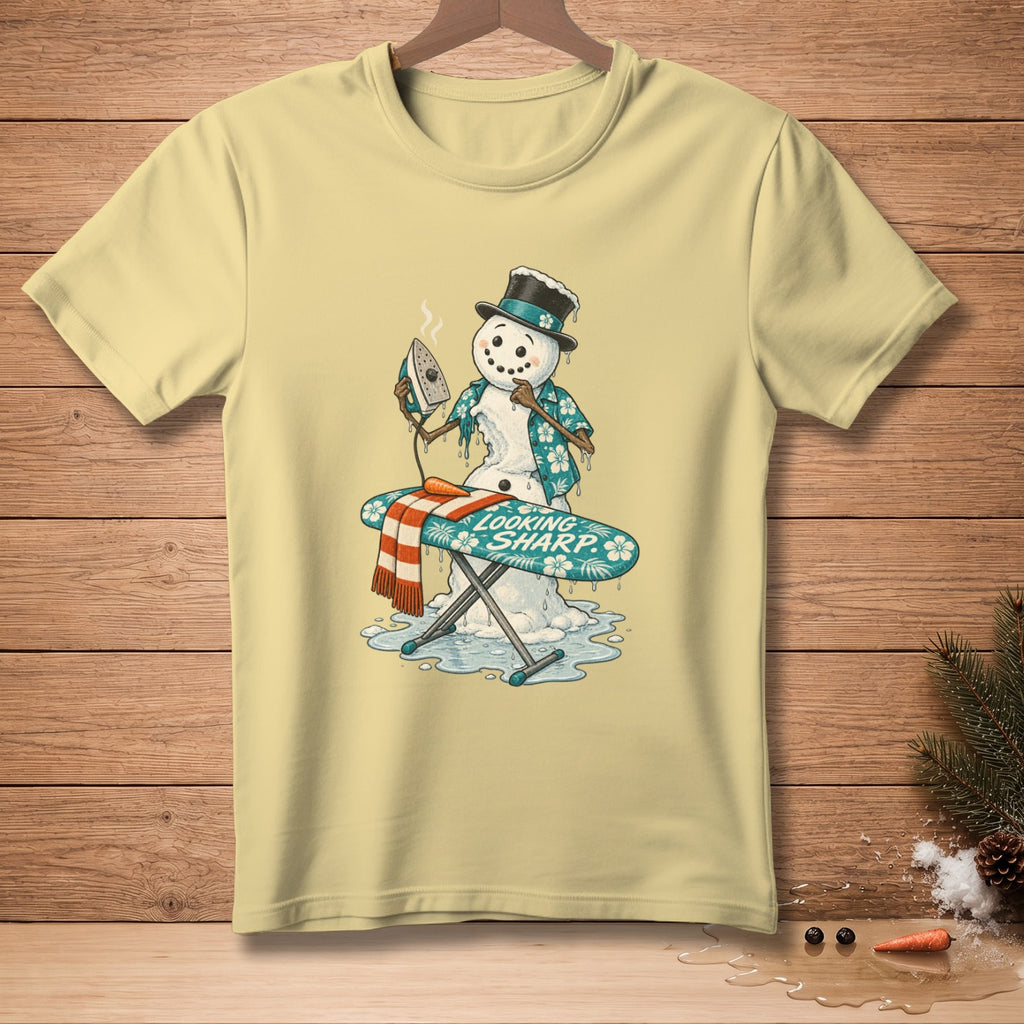 Snowman ironing on a board with "Looking Sharp" text, wearing a Hawaiian shirt.