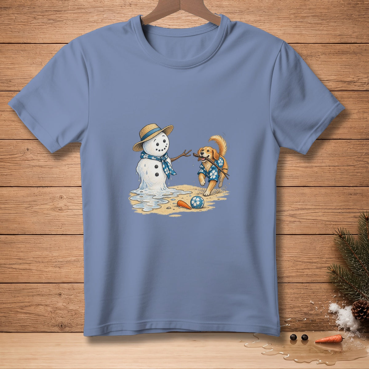 Golden retriever dog plays with melting snowman on sandy beach with a carrot nose.
