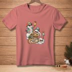 T-shirt with cartoon snowmen in Hawaiian shirts and sunglasses, enjoying tropical drinks.