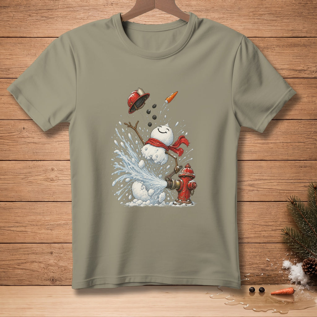Snowman spraying water from a fire hydrant with carrot and hat accessories.