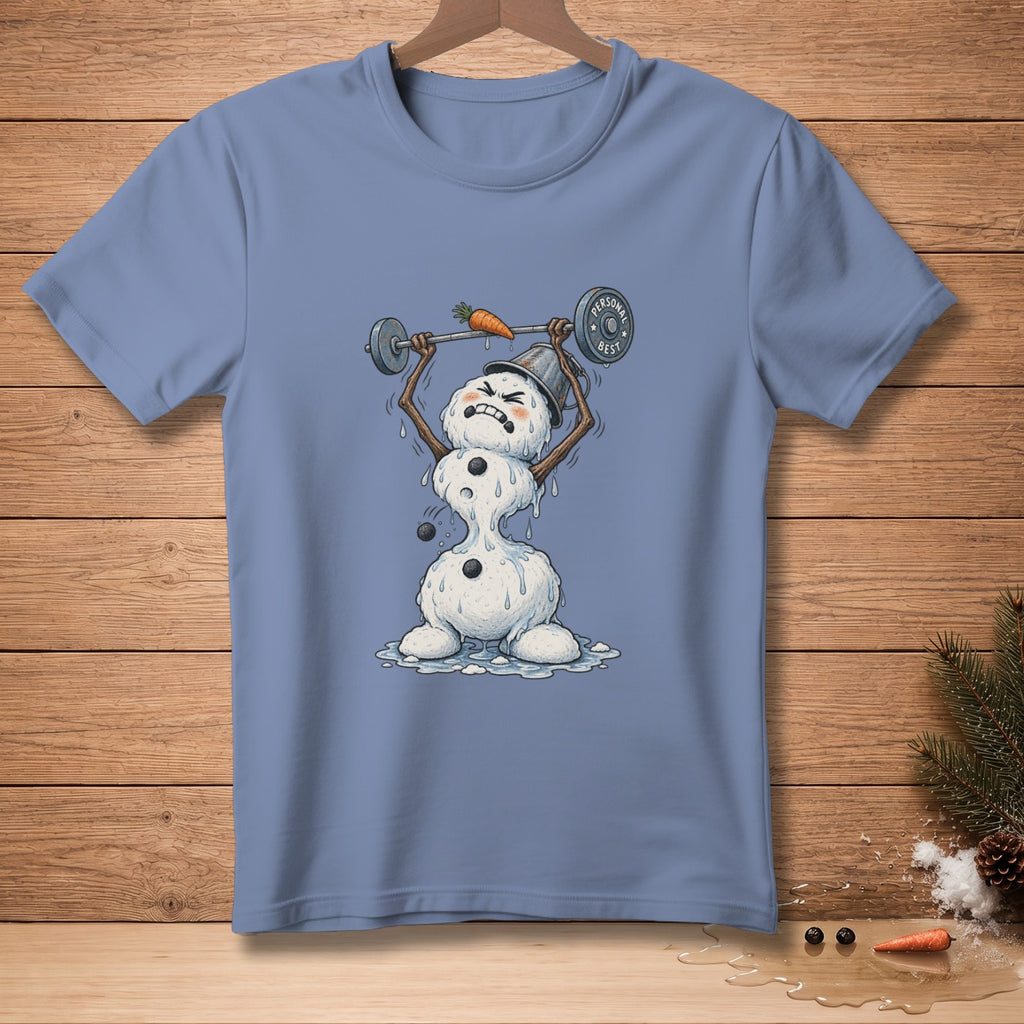 Melting snowman lifting weights with carrot nose and bucket hat.
