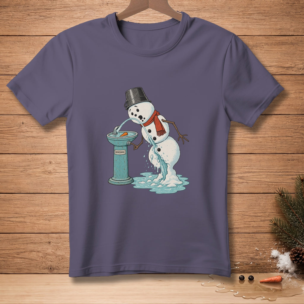 Melting snowman drinking from a fountain labeled "Refreshing".